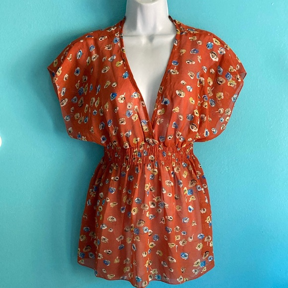 Anthropologie The Hanger Womens Size S Orange Floral Pullover V-Neck Blouse Top - Picture 1 of 11